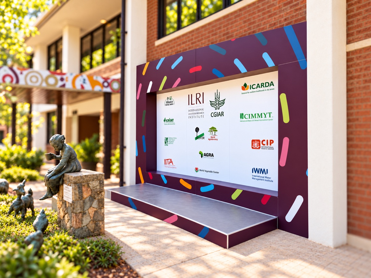 An outdoor sponsor wall printed with rows of logos inside a maroon frame decorated with colourful confetti shapes, with a low grey stage in front, beside a brick building and a bronze statue