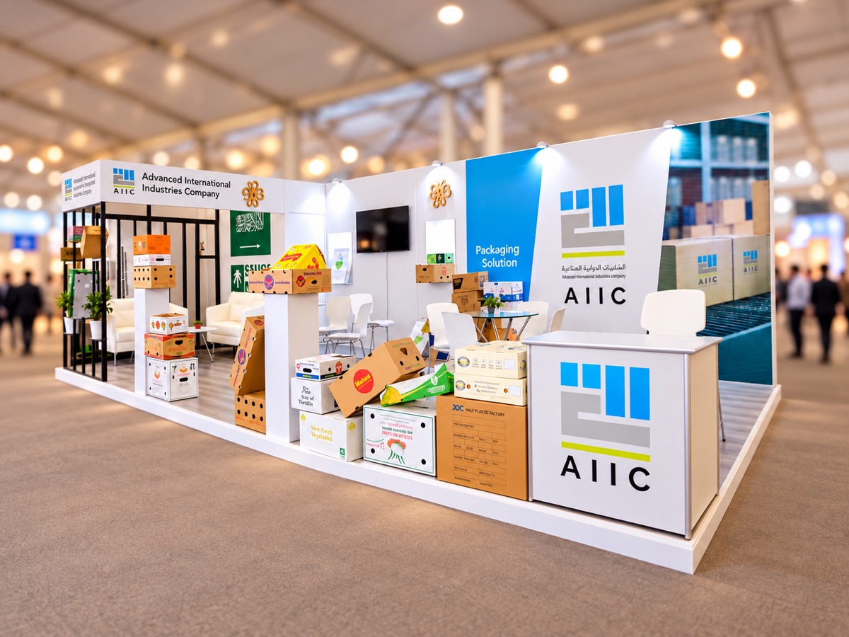 A white exhibition stand with branded counters, lit wall panels, seating and stacks of sample boxes and packaging, inside a busy exhibition hall