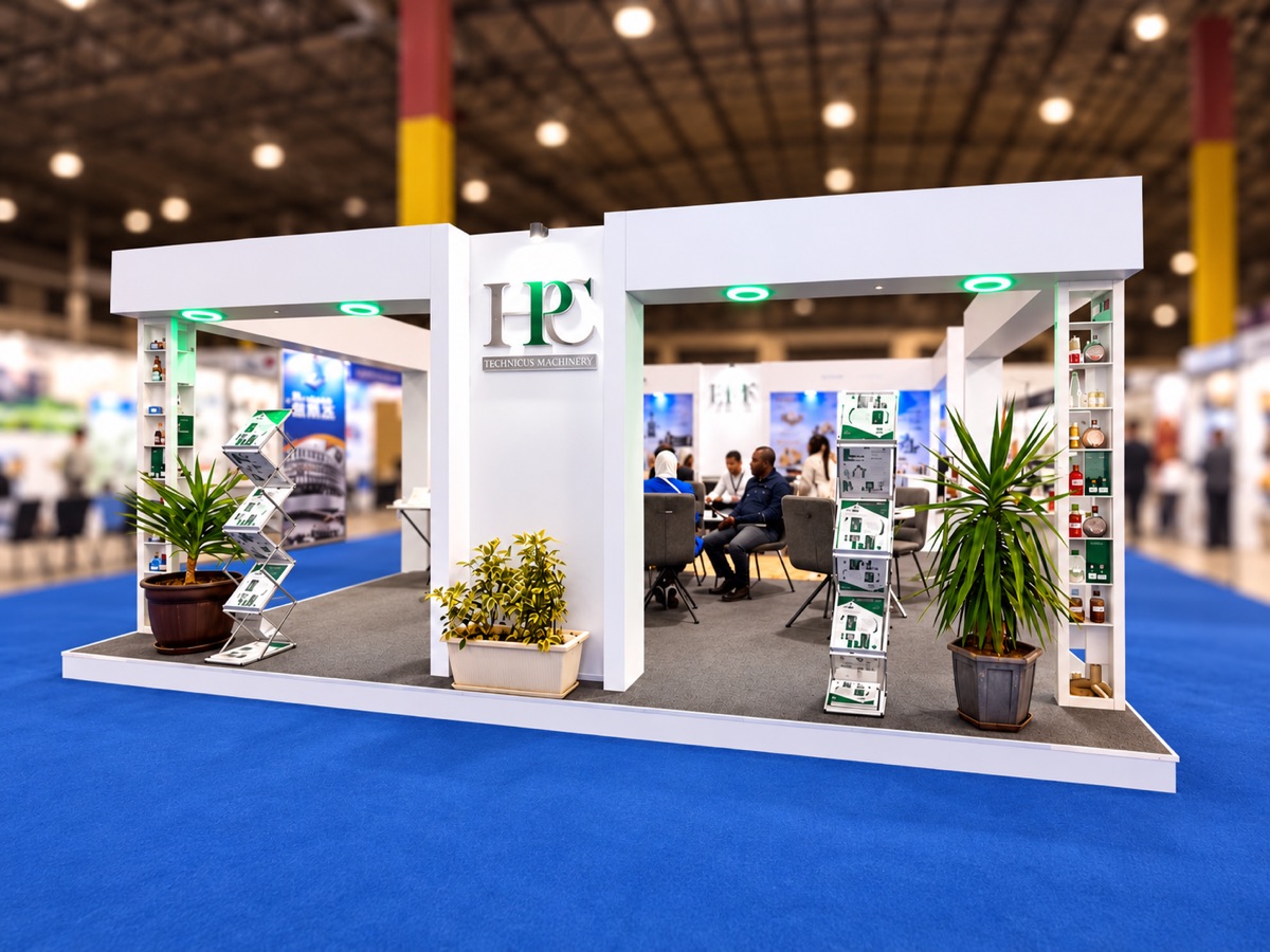 A white trade-fair stand with green ceiling lights, plants and brochure racks, with visitors seated inside, on blue carpet in an exhibition hall