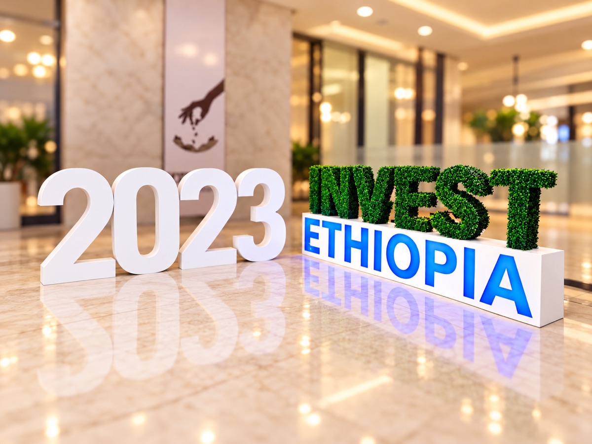 Large white freestanding 3D numbers beside a long lit light box with blue lettering, topped with grass-covered letters, reflected in a polished lobby floor