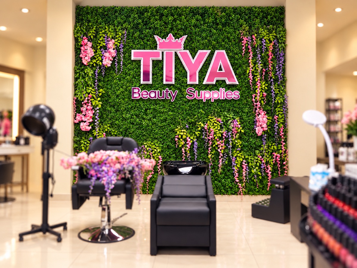 Mirror-pink 3D letters with a crown motif on a green artificial-grass feature wall hung with pink and purple flowers, above a salon chair and hair-wash basin