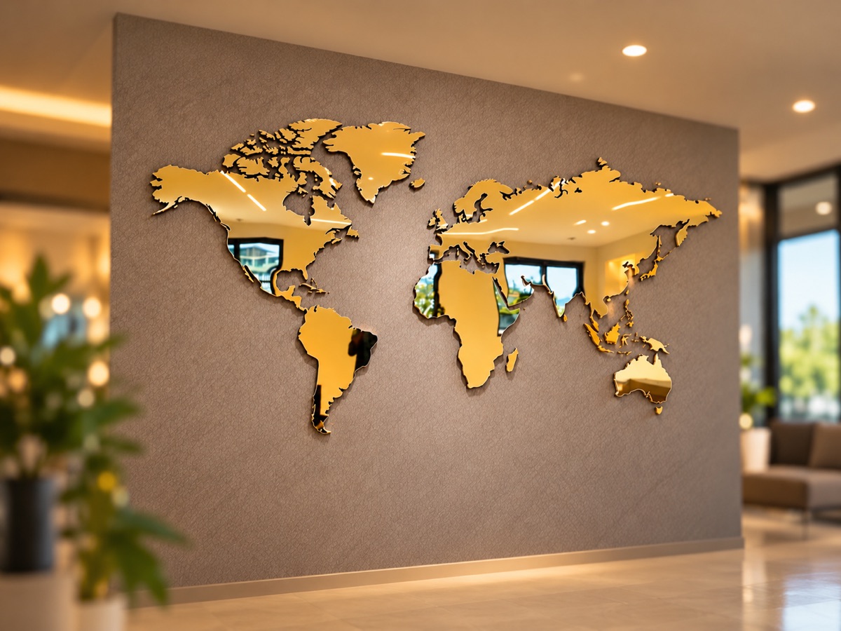 A world map cut from mirror-finish gold acrylic, mounted on a textured taupe wall in a bright lobby