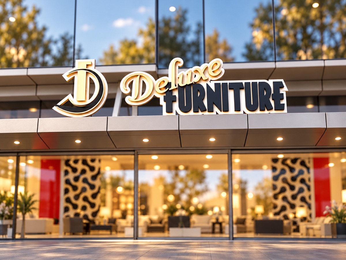 Layered gold, white and black 3D letters with a large monogram on a furniture showroom fascia, above a glass shopfront with the showroom lit inside