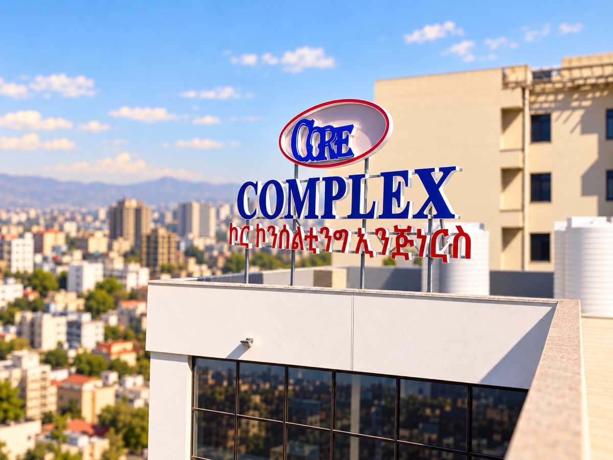 Large blue 3D letters with a red oval logo and a line of red Amharic letters mounted on a rooftop frame, with the city and hills behind under a blue sky