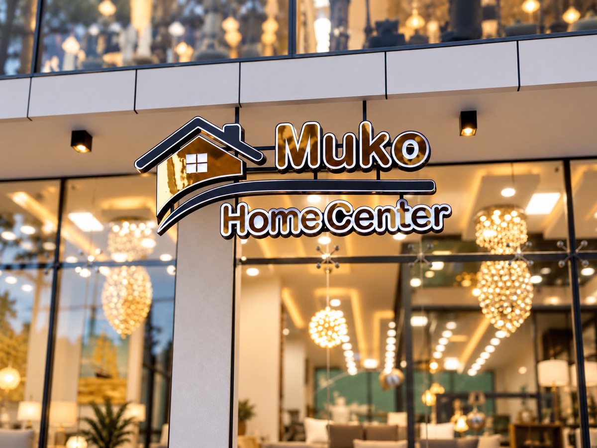 Gold and white 3D letters and a house-shaped logo above a glass shopfront, with chandeliers lit inside the store