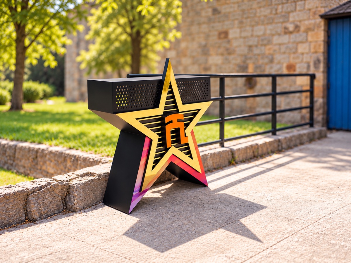 A freestanding star-shaped 3D sign with a mirror-gold face, black returns and an orange emblem, standing on a sunny pavement beside a railing and a stone wall