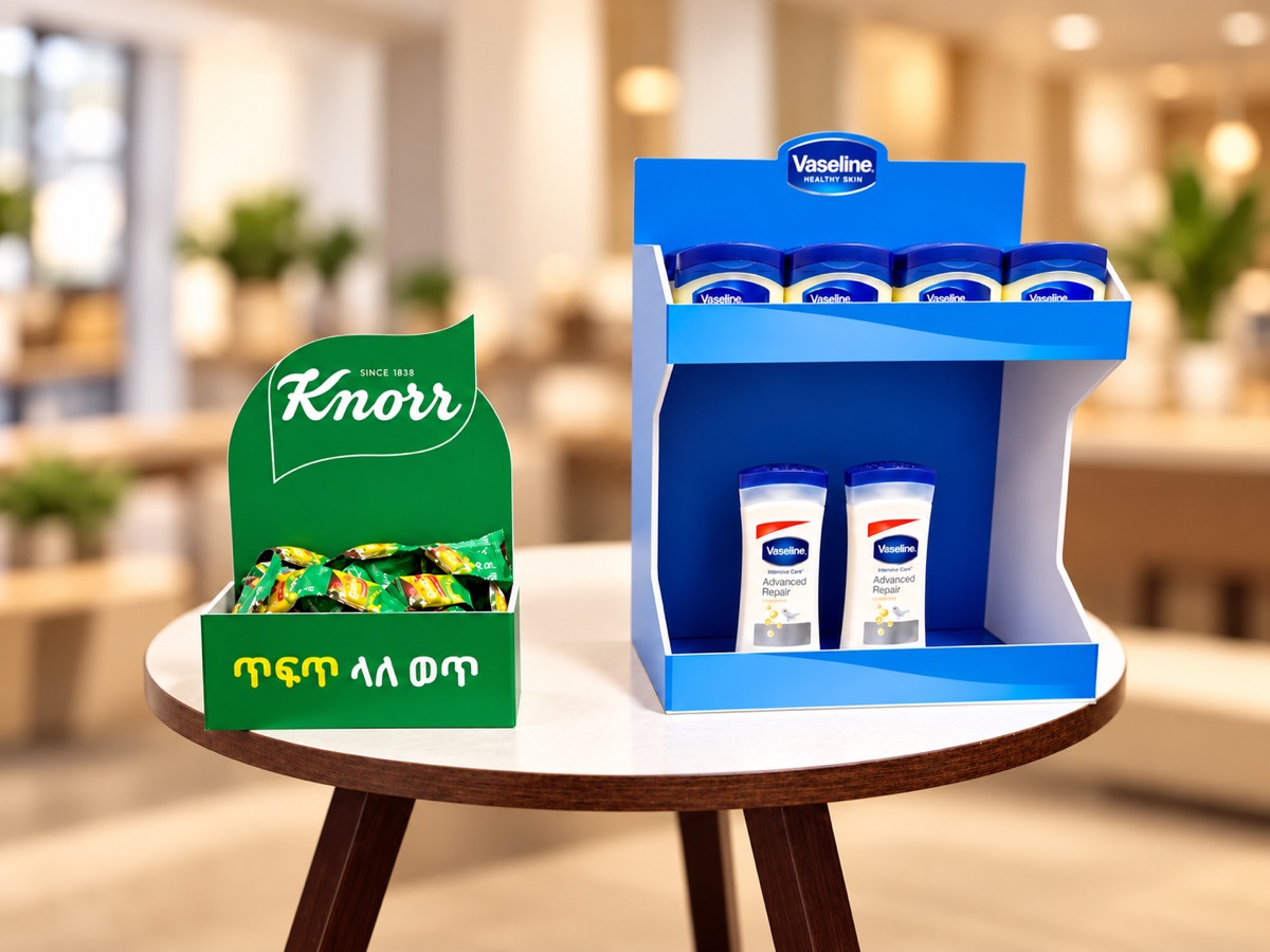 Two printed counter display units on a round table: a green tray holding sachets and a blue shelf unit holding jars and bottles of lotion