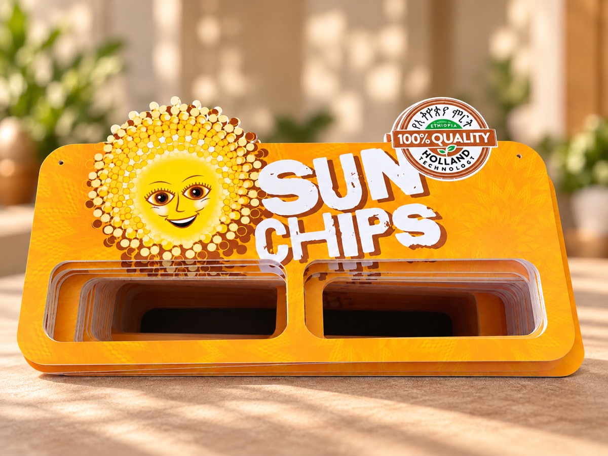 A die-cut printed shelf display panel in orange and yellow with a smiling sun graphic and two cut-out openings for product, on a wooden counter