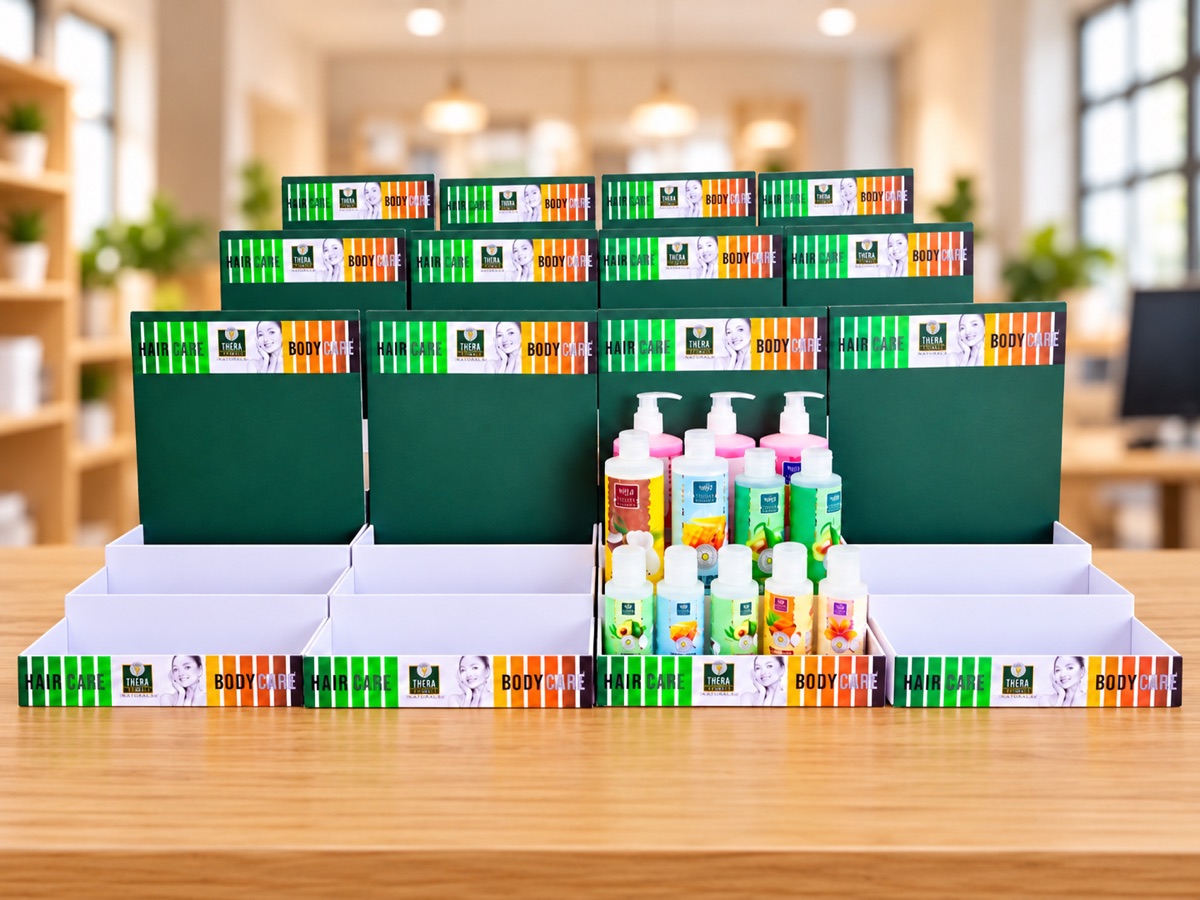 Tiered white counter trays with printed green header cards, holding a range of hair and body care bottles, on a wooden counter in a shop