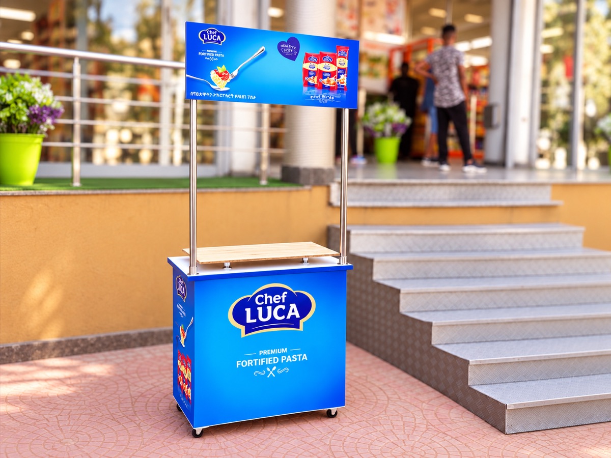 A portable promotion counter with a printed blue front panel and a printed header board on poles, standing by the steps outside a store entrance
