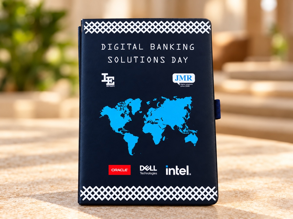 A dark printed notebook cover for a banking conference, with a blue world map, sponsor logos and white patterned borders, standing on a table