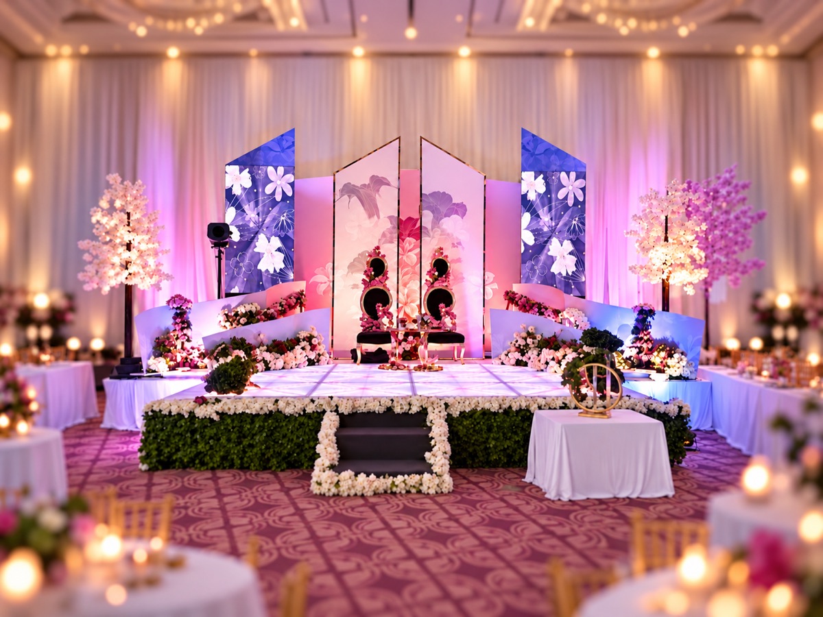 An event stage lit in pink and purple, with tall printed panels of white flowers, a raised platform edged with flowers and decorated tables in front