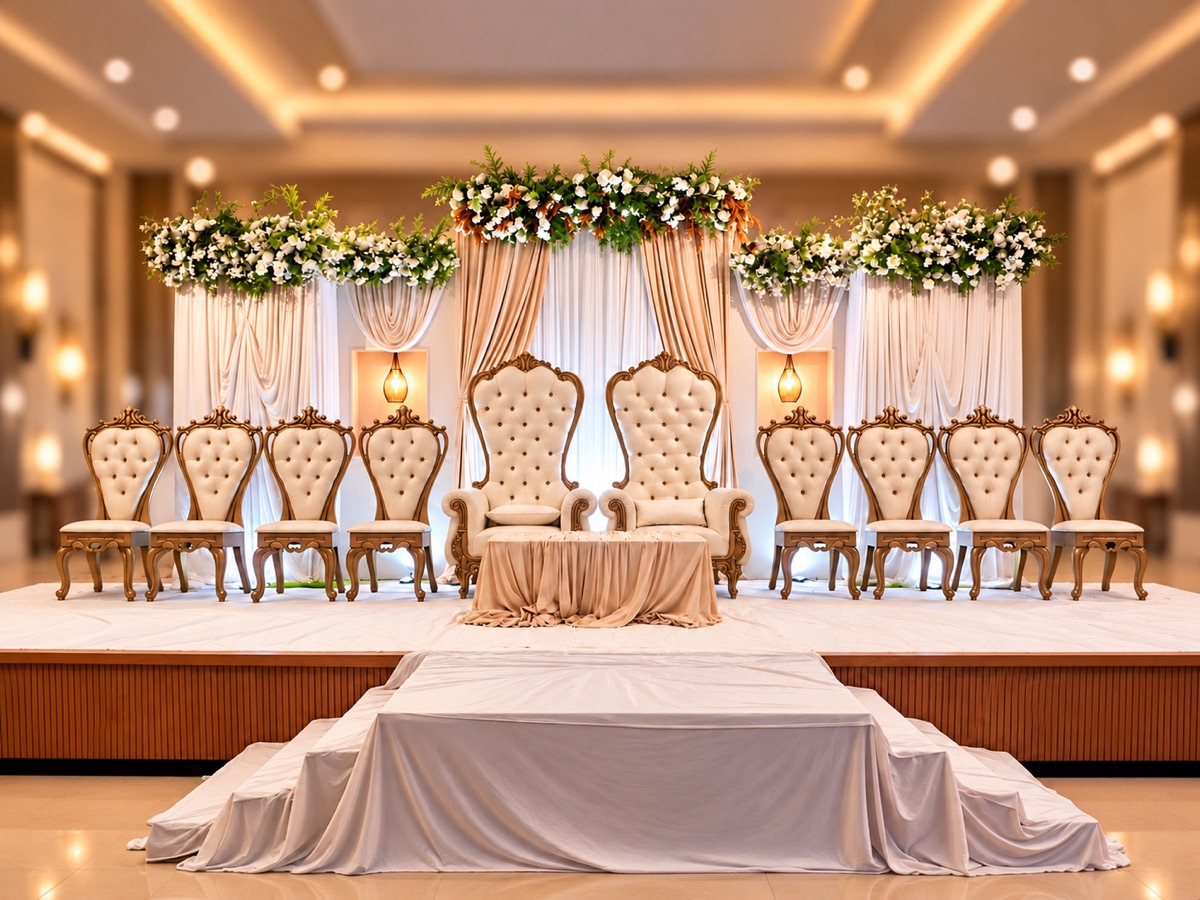 An event stage with white and gold draped curtains, flower garlands, a row of tall carved high-back chairs and a white-skirted platform, in a ballroom